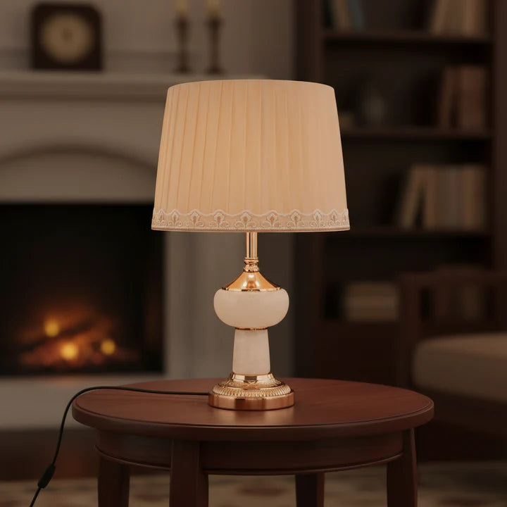 European Table Lamp with Satin Shade & Alabaster Base