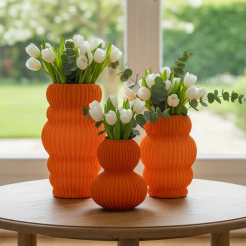 Modern Ribbed Orange Ceramic Vases – Set of 3