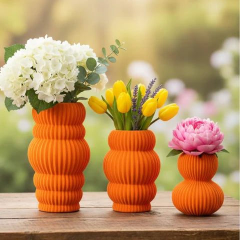 Modern Ribbed Orange Ceramic Vases – Set of 3