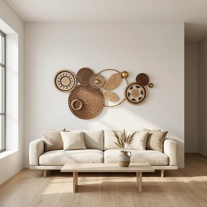 Boho Woven Basket & Leaf Metal Wall Art
