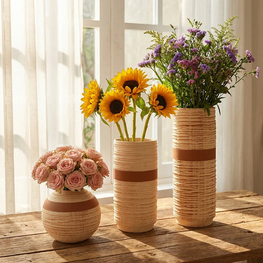 Rustic Ribbed Ceramic Vase Set of 3