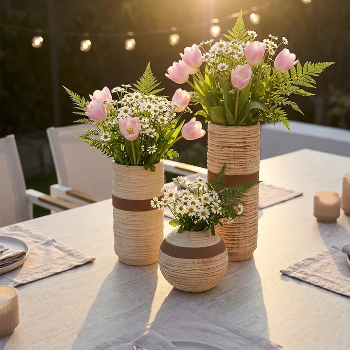 Rustic Ribbed Ceramic Vase Set of 3