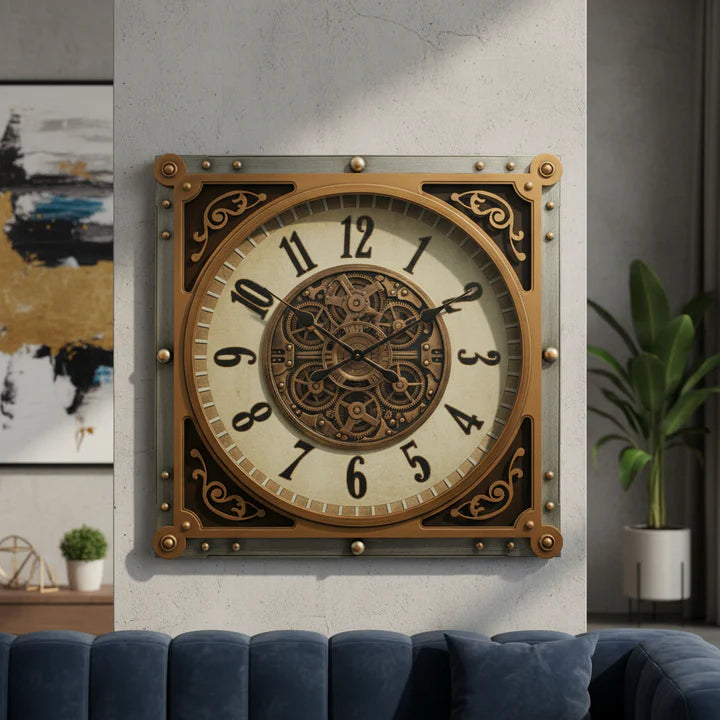 Steampunk Square Wall Clock with Vintage Gear Design