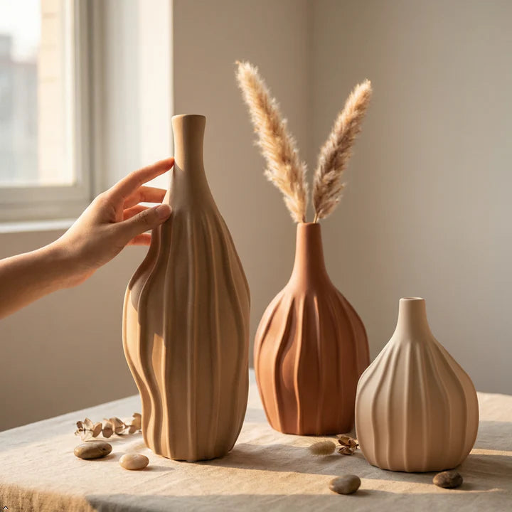 Earthy Ribbed Ceramic Vase