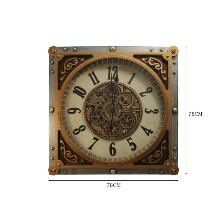 Steampunk Square Wall Clock with Vintage Gear Design
