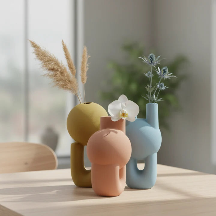 Colorful Ceramic Vase Set of 3 with Abstract Sculptural Design