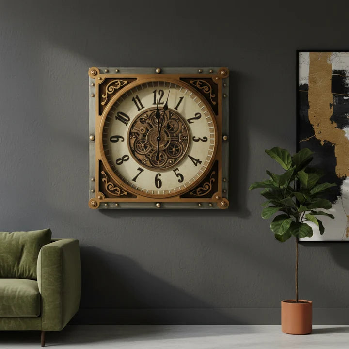 Steampunk Square Wall Clock with Vintage Gear Design