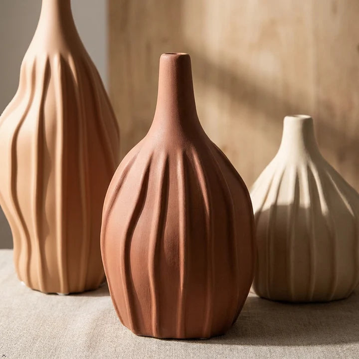 Earthy Ribbed Ceramic Vase