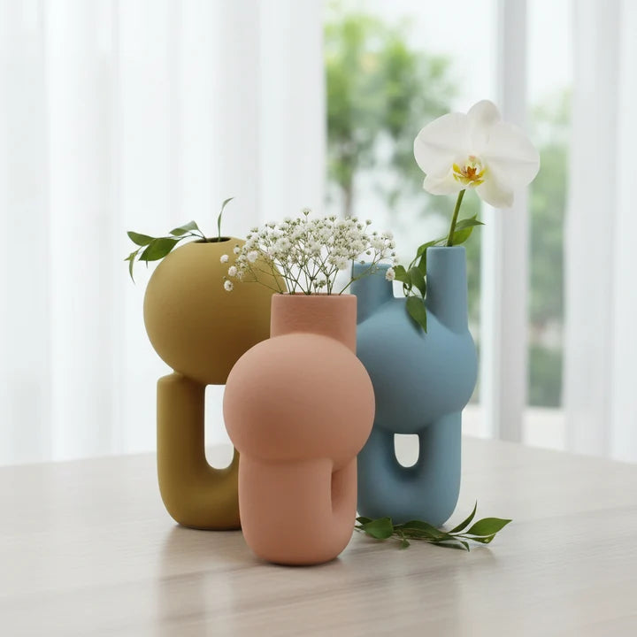 Colorful Ceramic Vase Set of 3 with Abstract Sculptural Design
