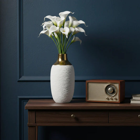 Textured Ceramic Vase with Gold Accent Neck