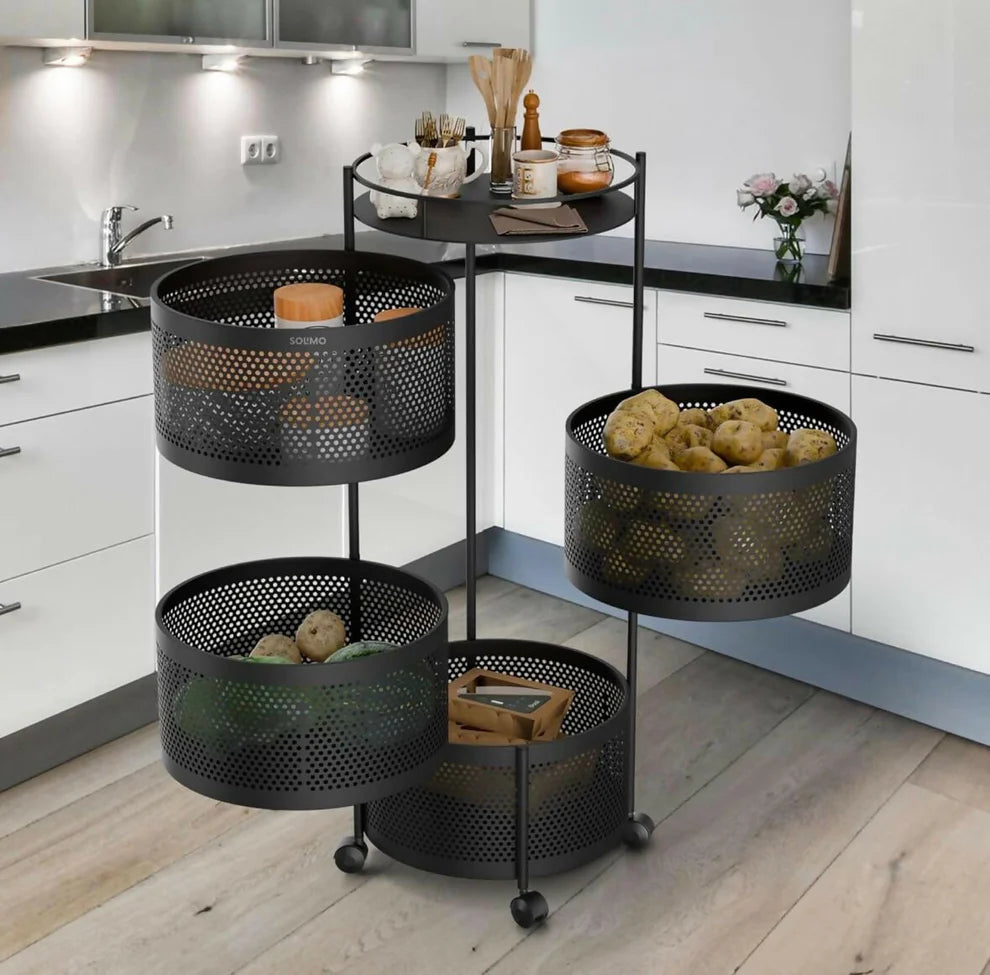 Round 4-Layer Kitchen Trolley with Rust-Resistant Mesh Baskets & 360° Swivel Wheels