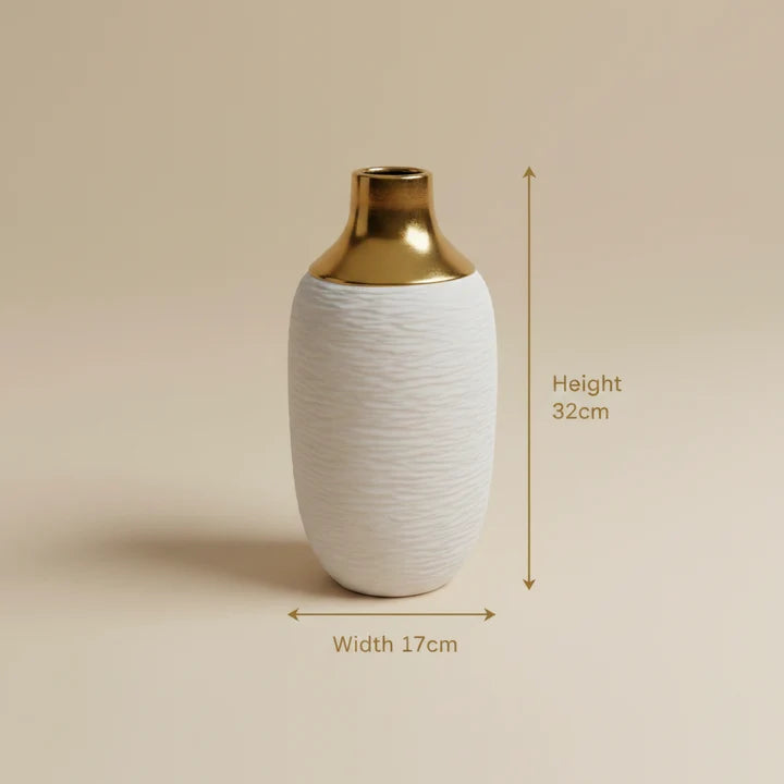 Textured Ceramic Vase with Gold Accent Neck