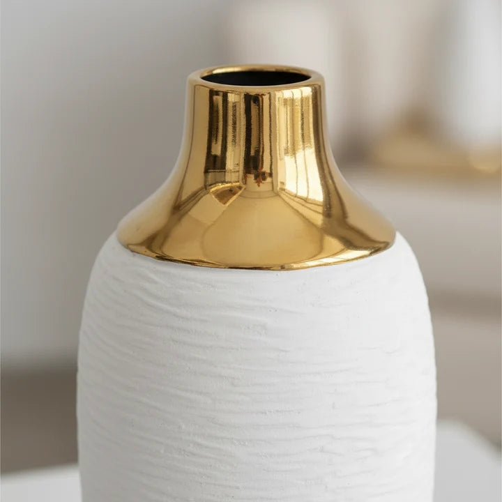 Textured Ceramic Vase with Gold Accent Neck