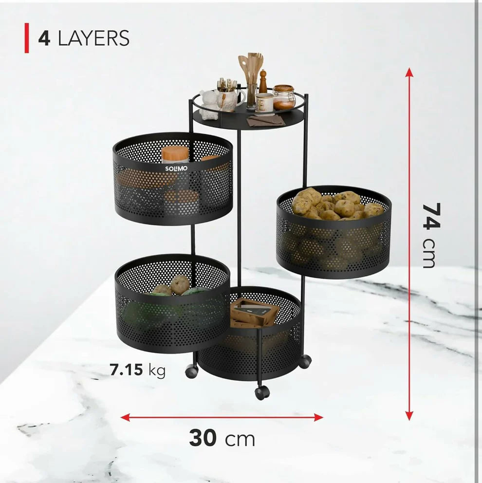 Round 4-Layer Kitchen Trolley with Rust-Resistant Mesh Baskets & 360° Swivel Wheels