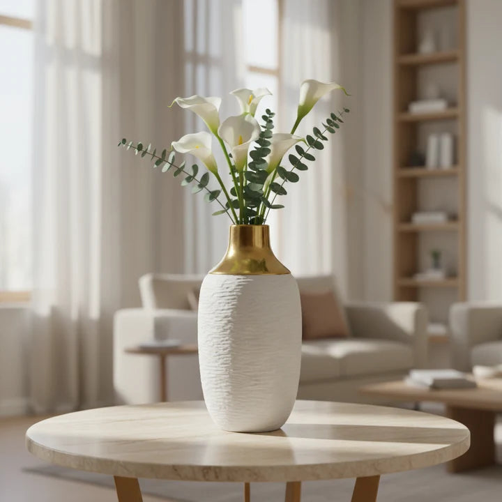 Textured Ceramic Vase with Gold Accent Neck