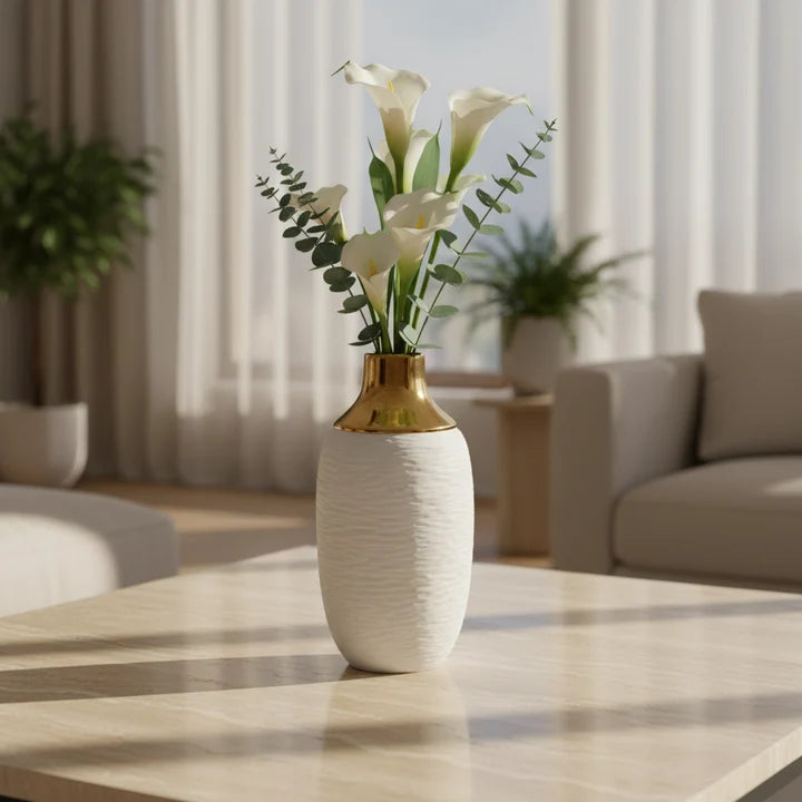 Textured Ceramic Vase with Gold Accent Neck