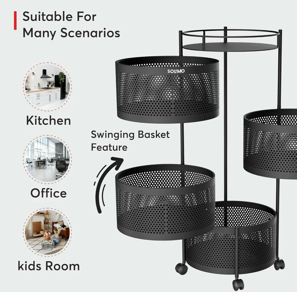 Round 4-Layer Kitchen Trolley with Rust-Resistant Mesh Baskets & 360° Swivel Wheels