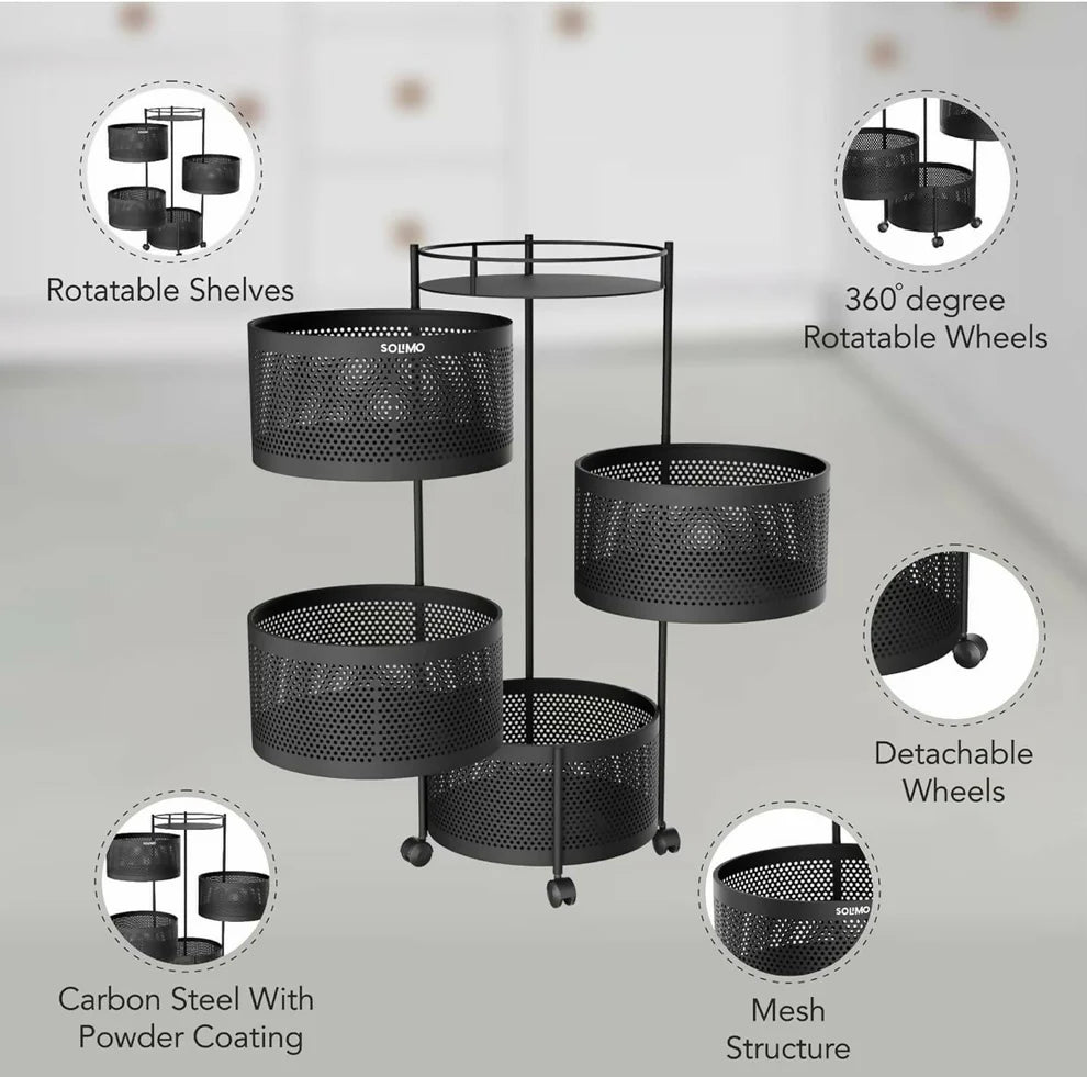 Round 4-Layer Kitchen Trolley with Rust-Resistant Mesh Baskets & 360° Swivel Wheels