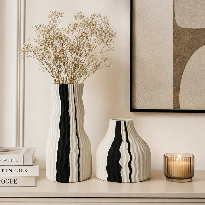 Modern Ribbed Ceramic Vase Set with Black Accent