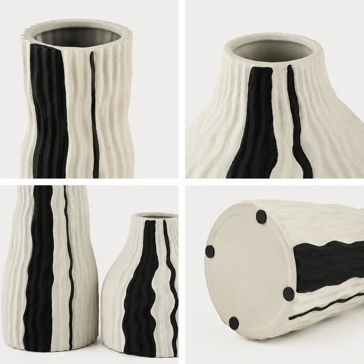 Modern Ribbed Ceramic Vase Set with Black Accent