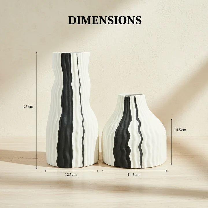 Modern Ribbed Ceramic Vase Set with Black Accent