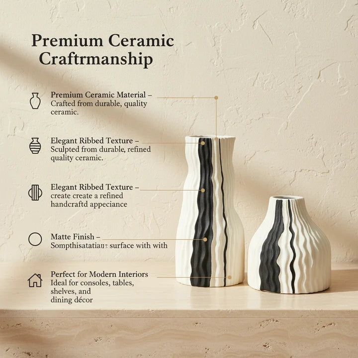 Modern Ribbed Ceramic Vase Set with Black Accent