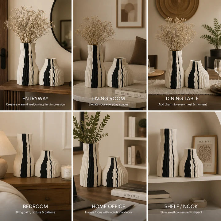 Modern Ribbed Ceramic Vase Set with Black Accent