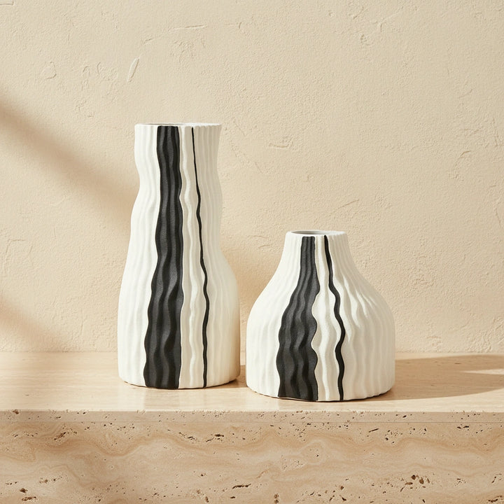 Modern Ribbed Ceramic Vase Set with Black Accent