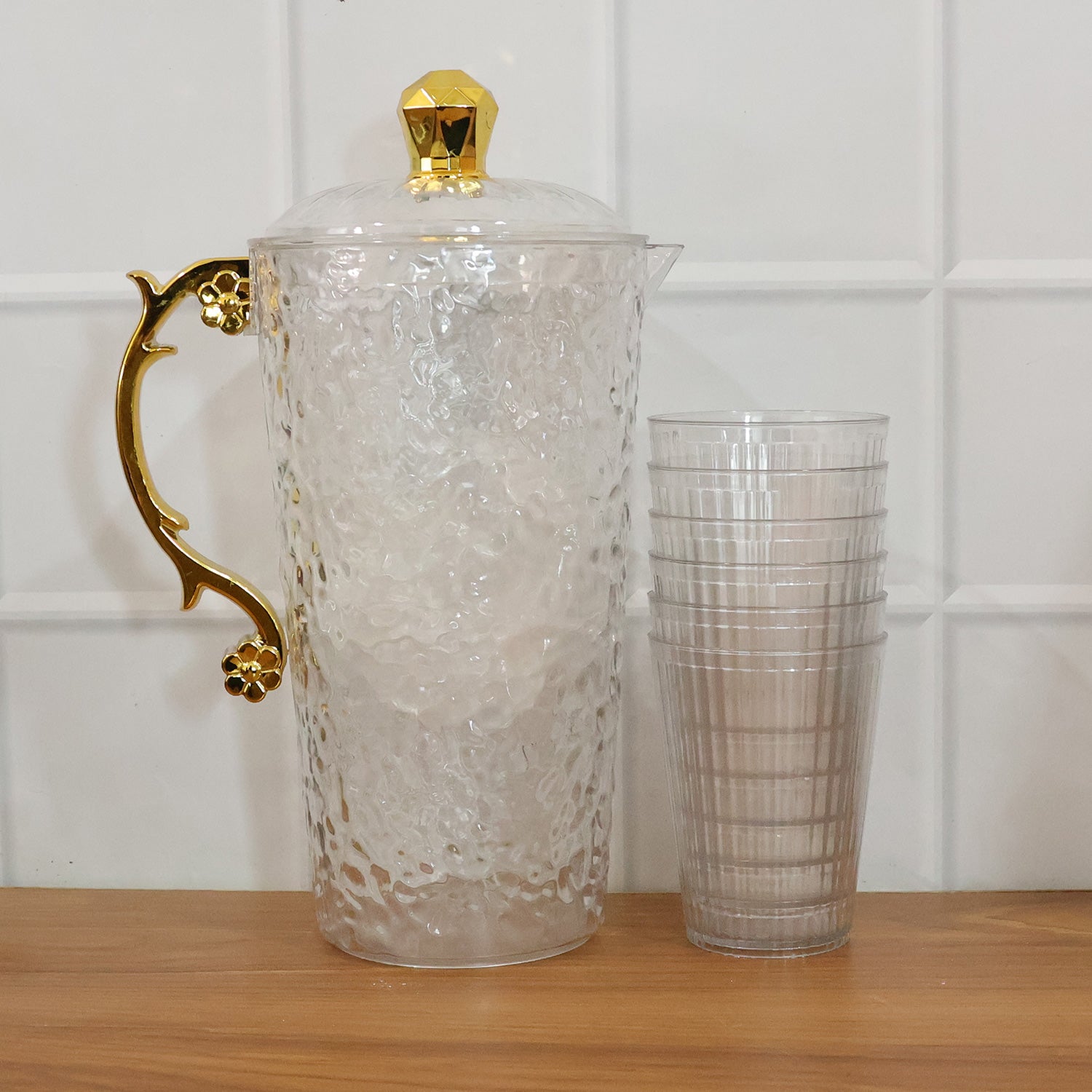 Elegant Textured Glass Water Jug With 6 Glasses Set (1 Set)