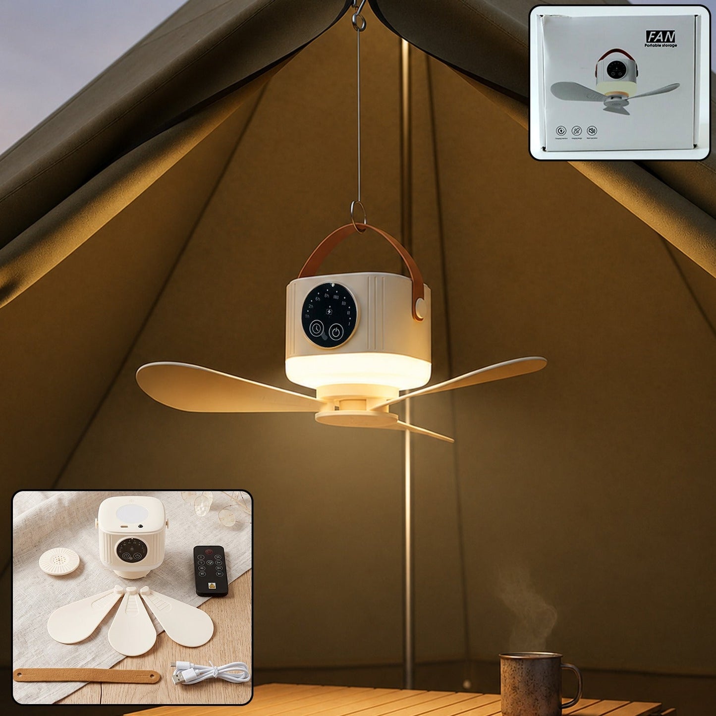 3 In 1 Rechargeable Camping Fan With Led Light Timer And Hanging Hook (1 Pc)